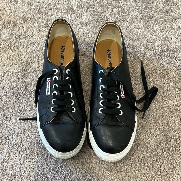 Superga Shoes - Black leather platform Supergas